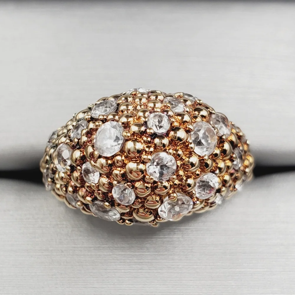 Genuine Round White Topaz 925 Sterling Silver - Gold Bubble Dome Flower Ring